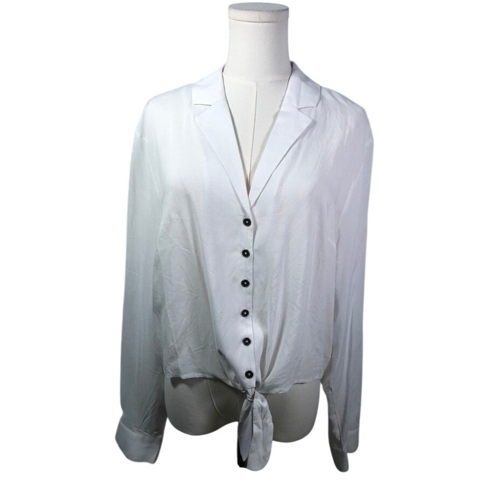 ModCloth White‎ Rayon Tie Front Button Up Blouse Notch Collar Womens XL New